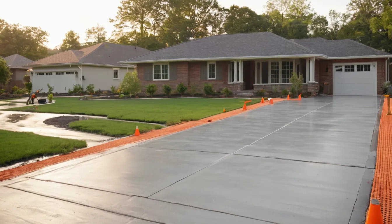 A freshly finished concrete driveway in front of a brick ranch home in Adamsville
